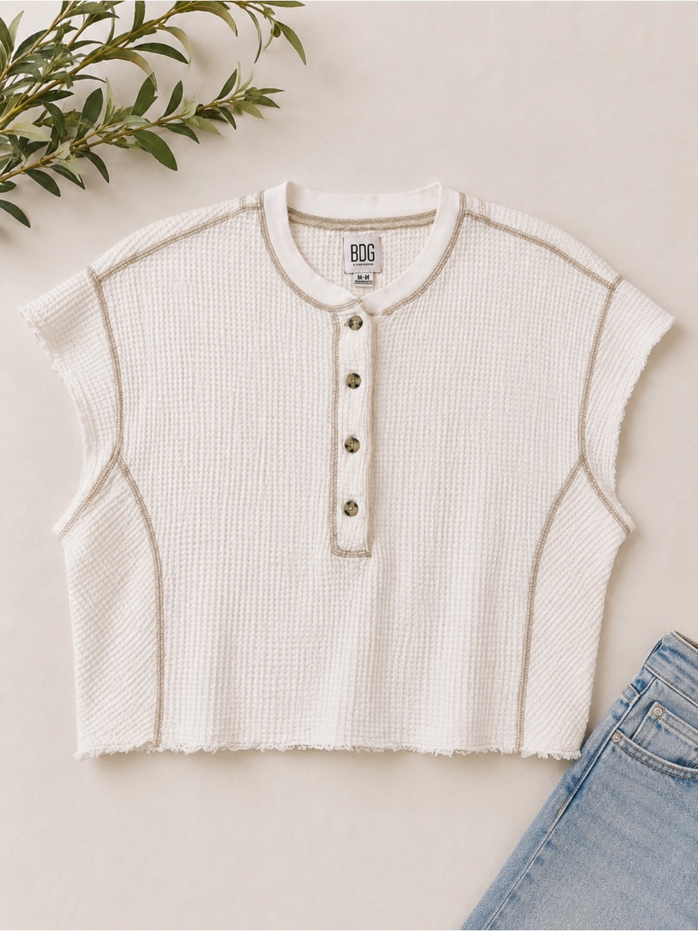 BDG | Cream Waffle Henley Crop Tee with Contrast Stitching